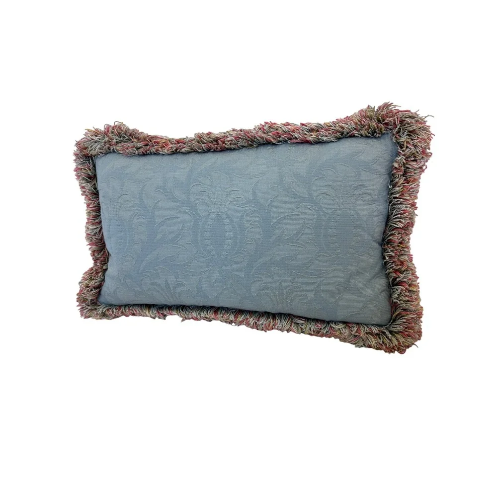Blue Damask Lumbar Throw Pillows Down Filled Set of 2 w/Multi Color Brush Fringe
